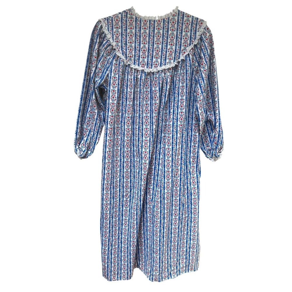 Lanz of Salzburg Womens Cotton Flannel Nightgown Blue Red Floral Heart Stripe S - Picture 5 of 6